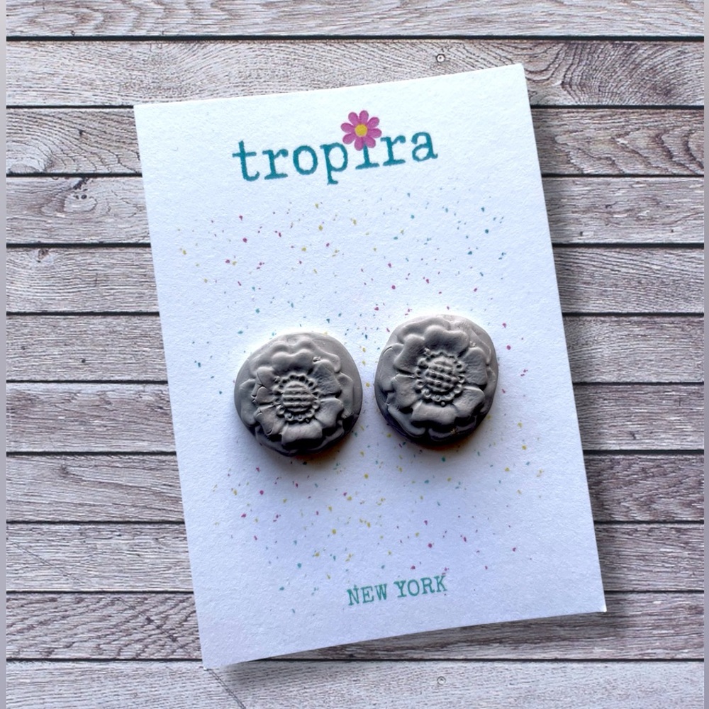 Gray Floral Stud Polymer Clay Earrings